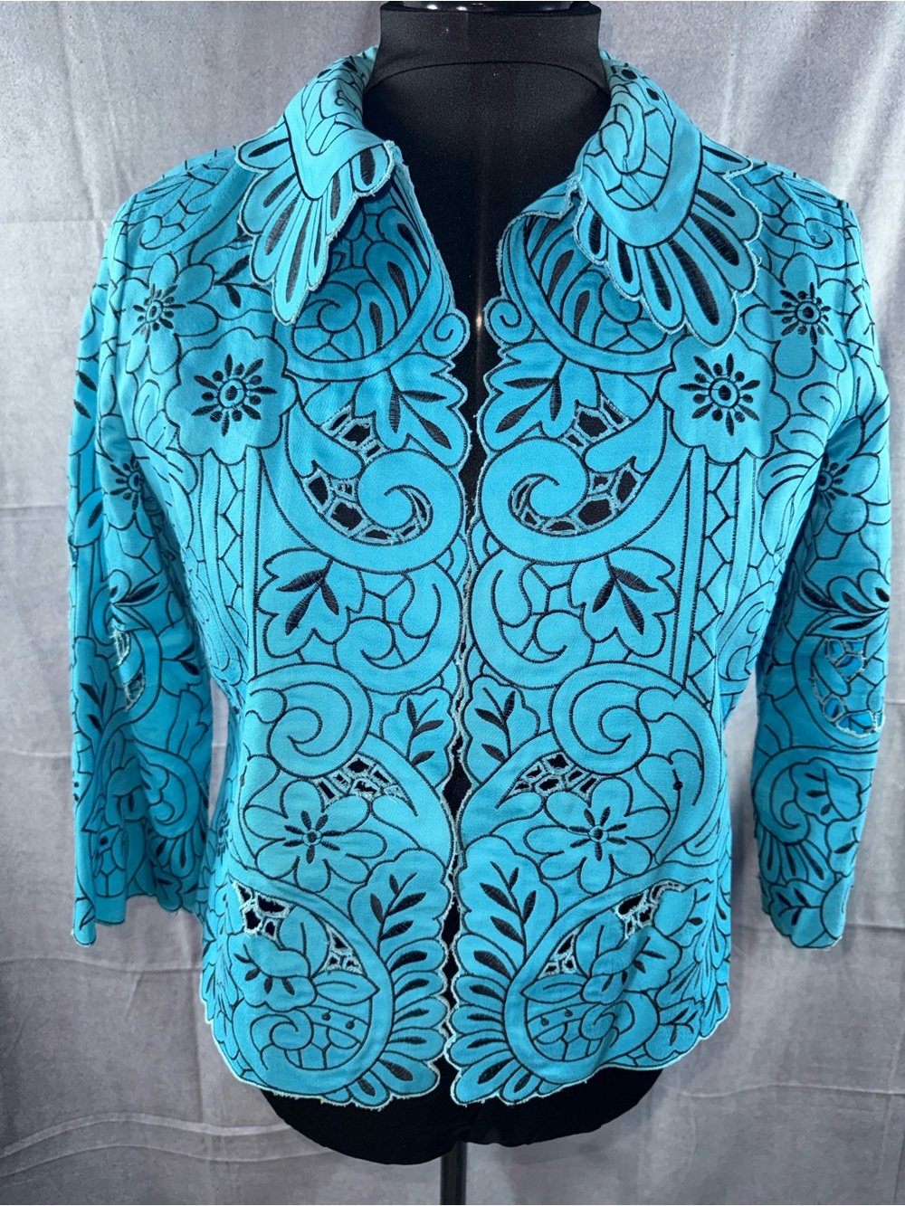 3018-Vintage SilkLand Turquoise Floral Cutout Blazer